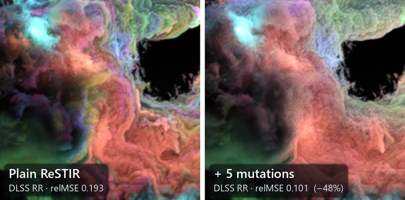 A cloud lit by 192 coloured lights, through DLSS Ray Reconstruction: plain Volumetric ReSTIR full of coloured blotches beside the same frame with five mutations